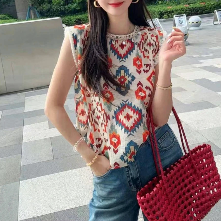 高级感民族风圆领宽松衬衫上衣2025夏季新款时尚潮流百搭无袖衬衣