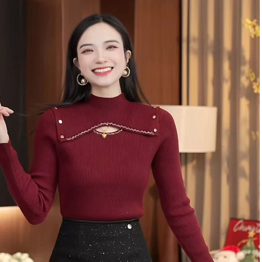 半高领镂空长袖针织衫女秋冬2024新款时尚洋气修身内搭打底衫毛衣