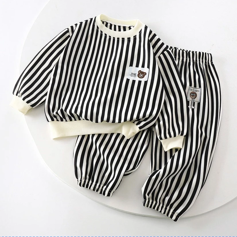 新款儿童条纹卫衣卫裤套装柔软舒适帅气靓丽气质百搭男女童套装