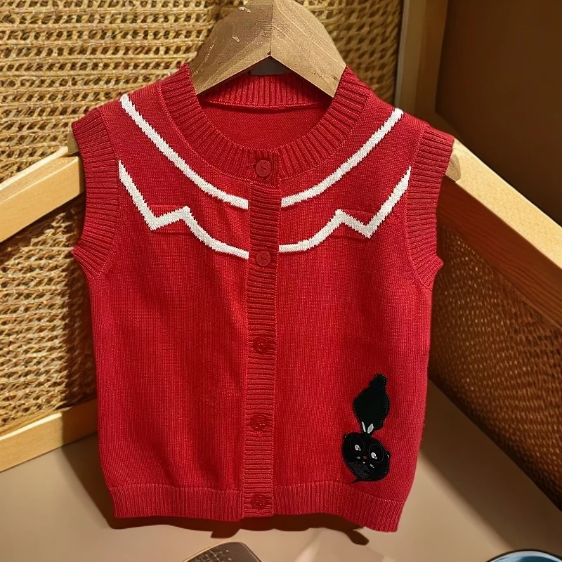 优儿宝贝1011308全棉针织毛线马甲女宝春秋百搭舒适洋气中国红