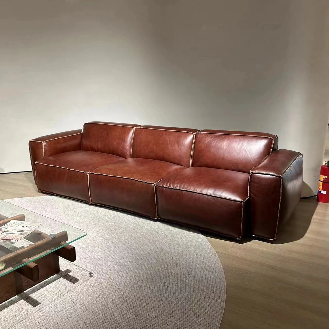 【古梵精选】极简风豆腐块沙发中古复古风油蜡真皮牛皮客厅模块沙发