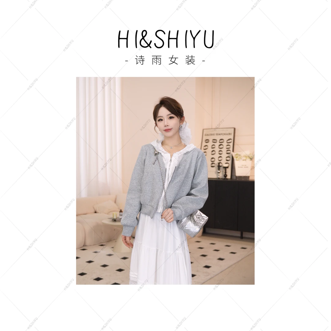 HISHIYU【邂逅月光】春季高级感休闲穿搭蕾丝拼接连帽针织卫衣外套
