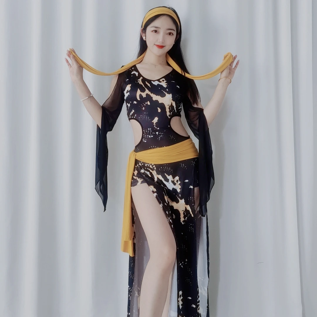 Swegal2025肚皮舞练功服baladi大师款不规则豹纹袍子手杖舞蹈服装