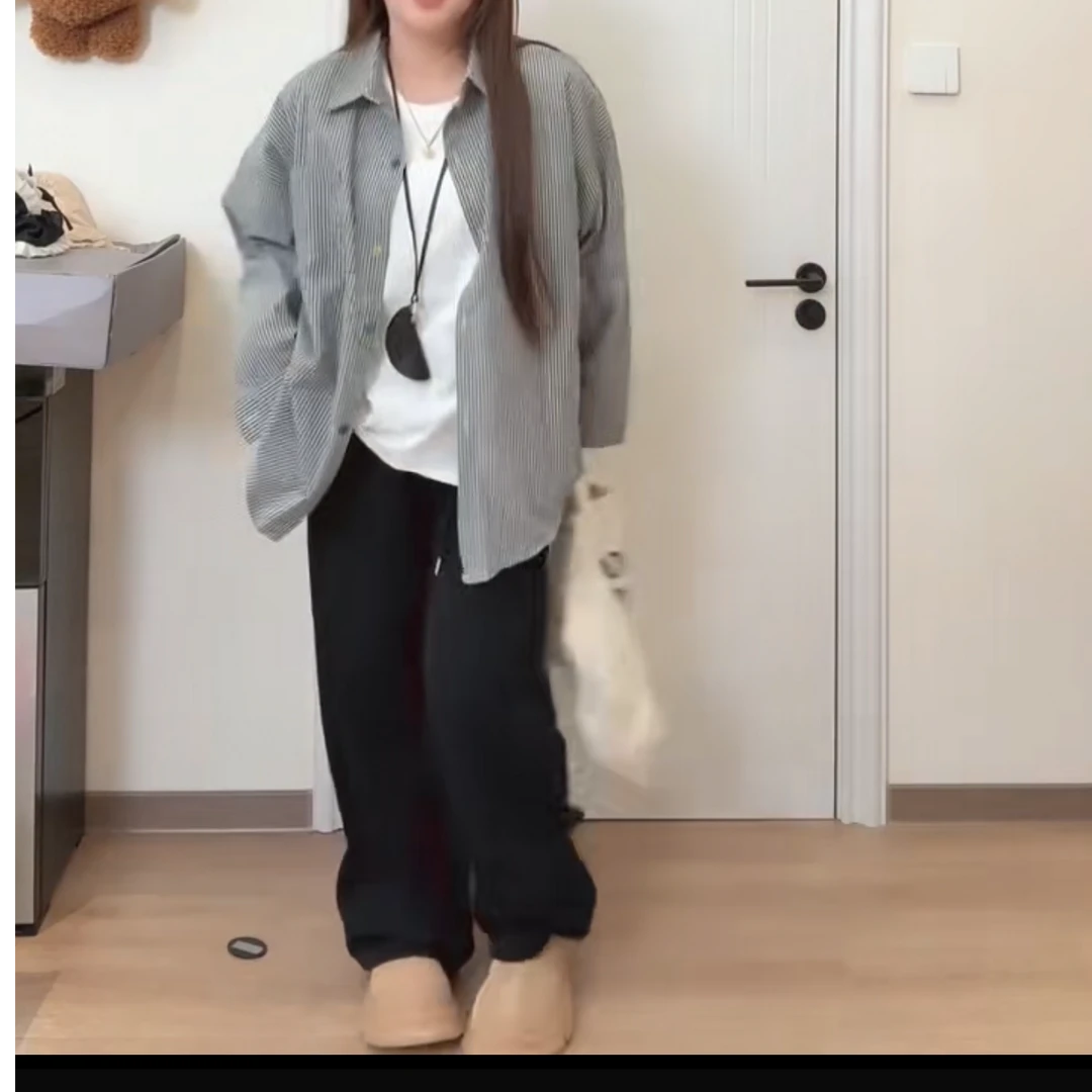 卡卡推荐·条纹衬衫外搭纯色打底时尚卫裤三件套5733