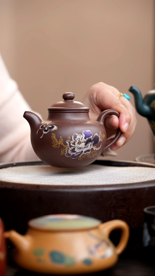 茶壶紫砂紫泥莲子金银错荷花