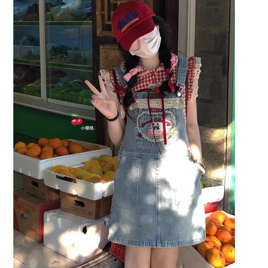 【樱桃女孩】刺绣格子拼接两种穿法背带裙显瘦时尚夏季复古减龄宽松