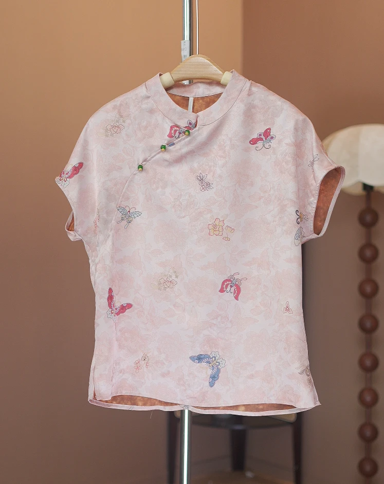 【花想容】新中式香云纱提花衬衫女2025夏季新款斜襟立领盘扣