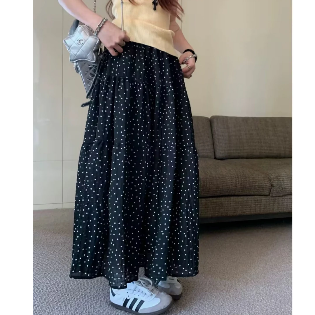 波点半身裙女2025春秋新款松紧高腰褶皱大摆长裙显瘦半裙a字裙子