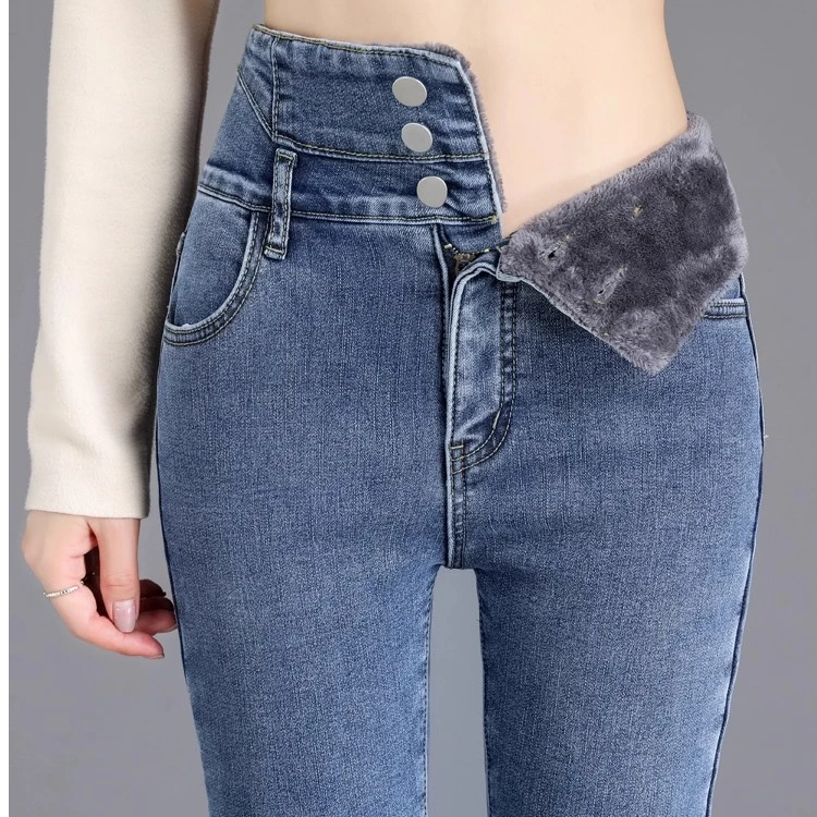 秋冬牛仔裤女士2025年新款高腰冬季显高显瘦紧身加绒加厚小脚裤子