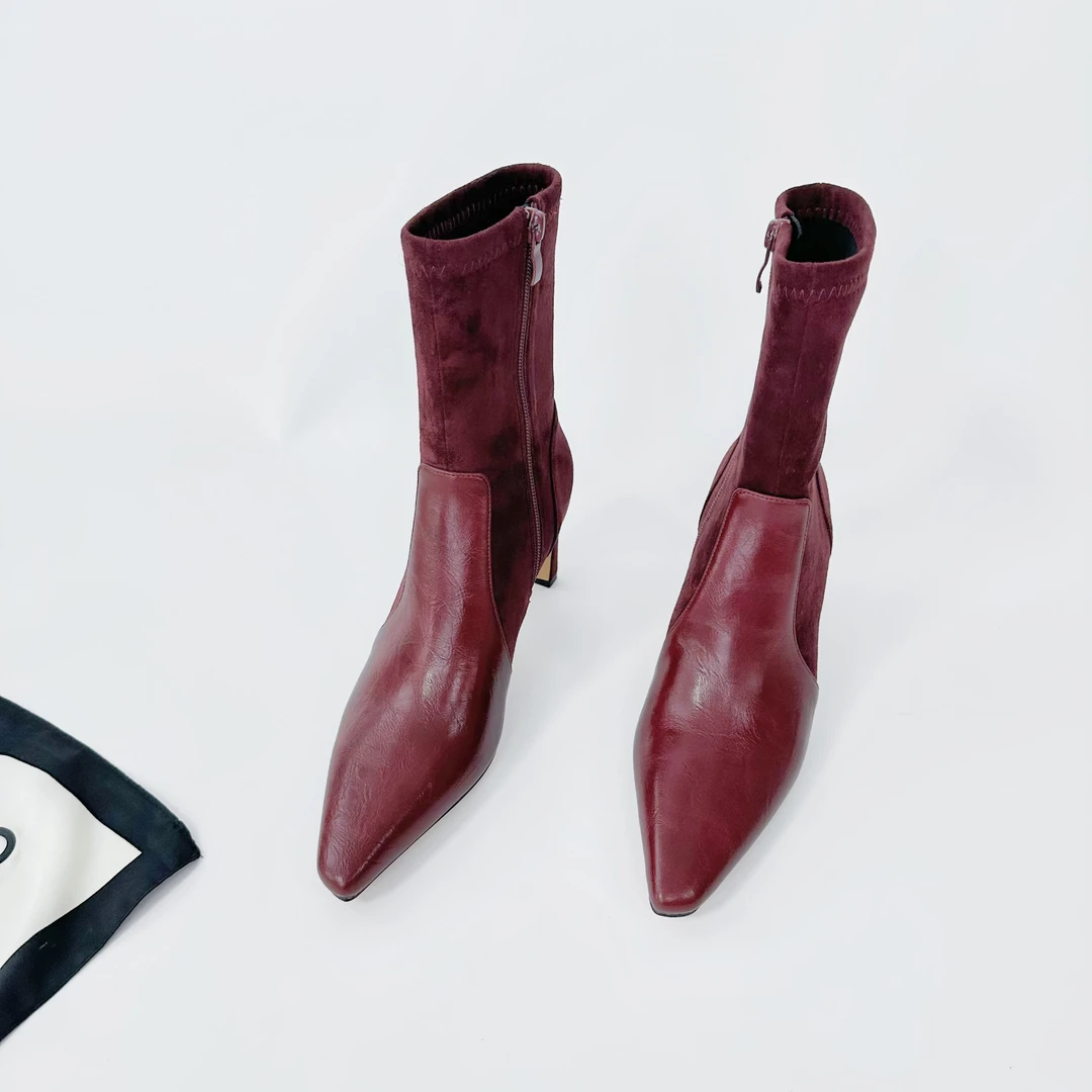 新款短靴百搭红色粗跟秋冬气质时尚