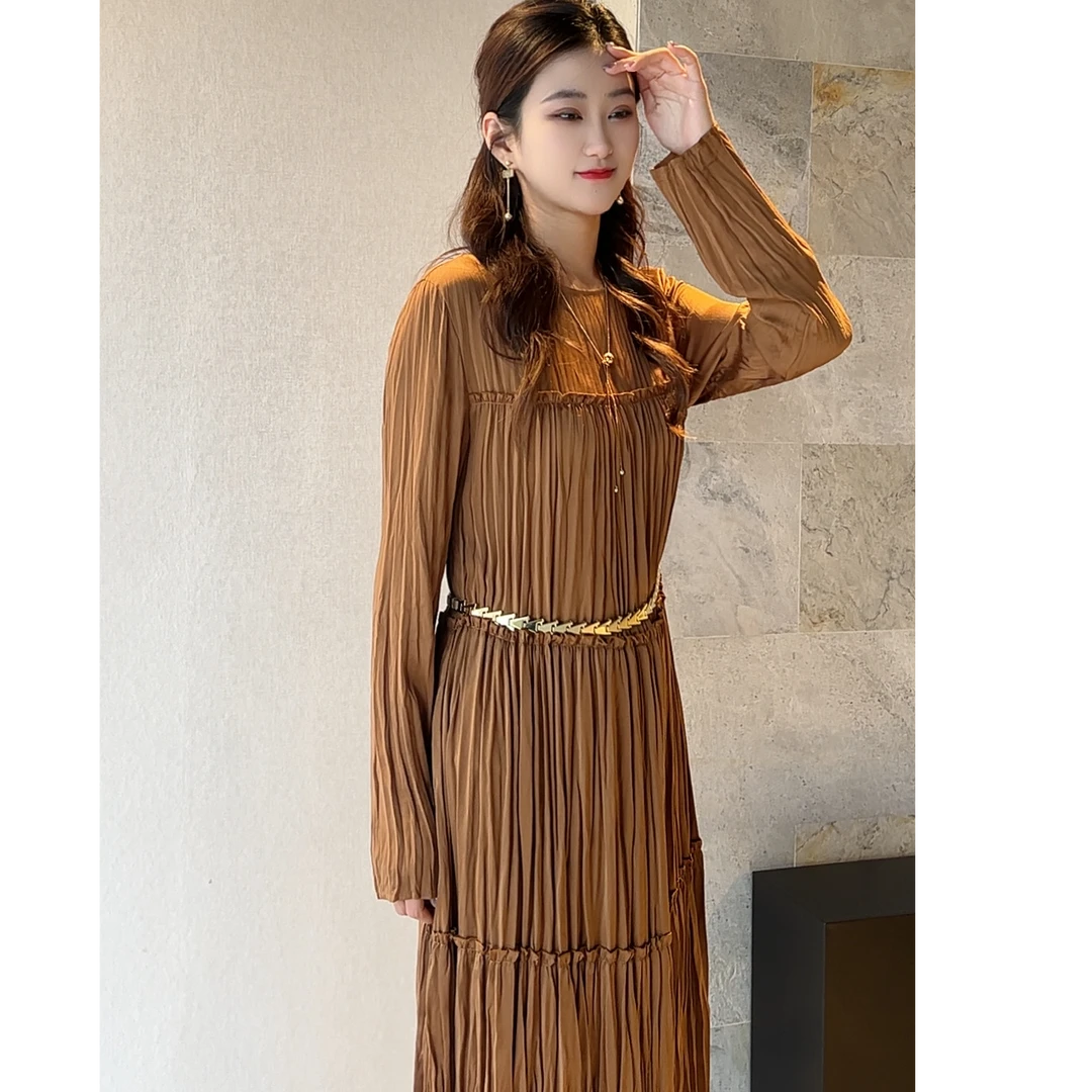 AMASS/阿玛施一秒入夏连衣裙种草宽松显瘦压褶长袖连衣裙5500445