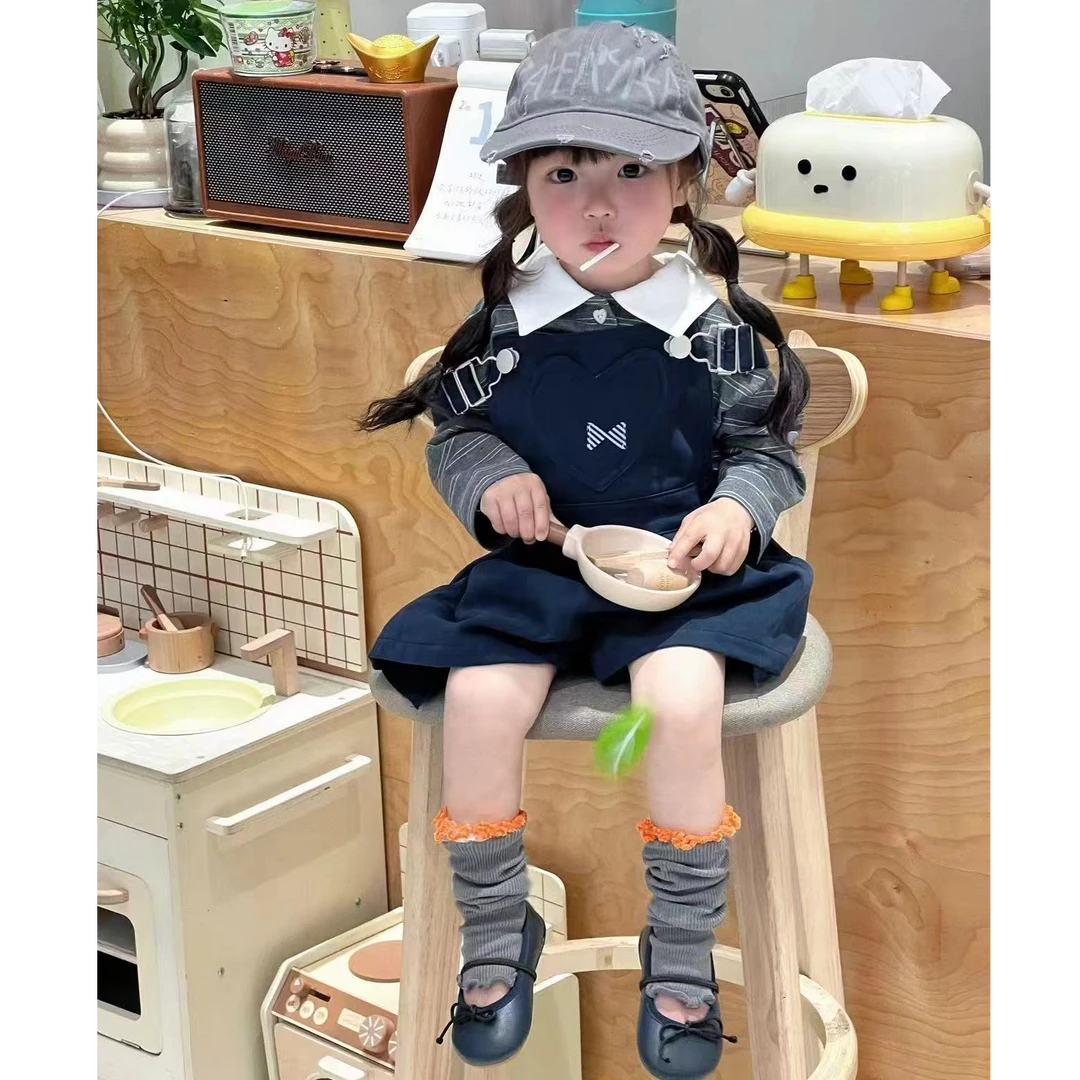 小惜亦2025春季新款韩版女童深蓝色背带裤POLO领条纹长袖洋气套装