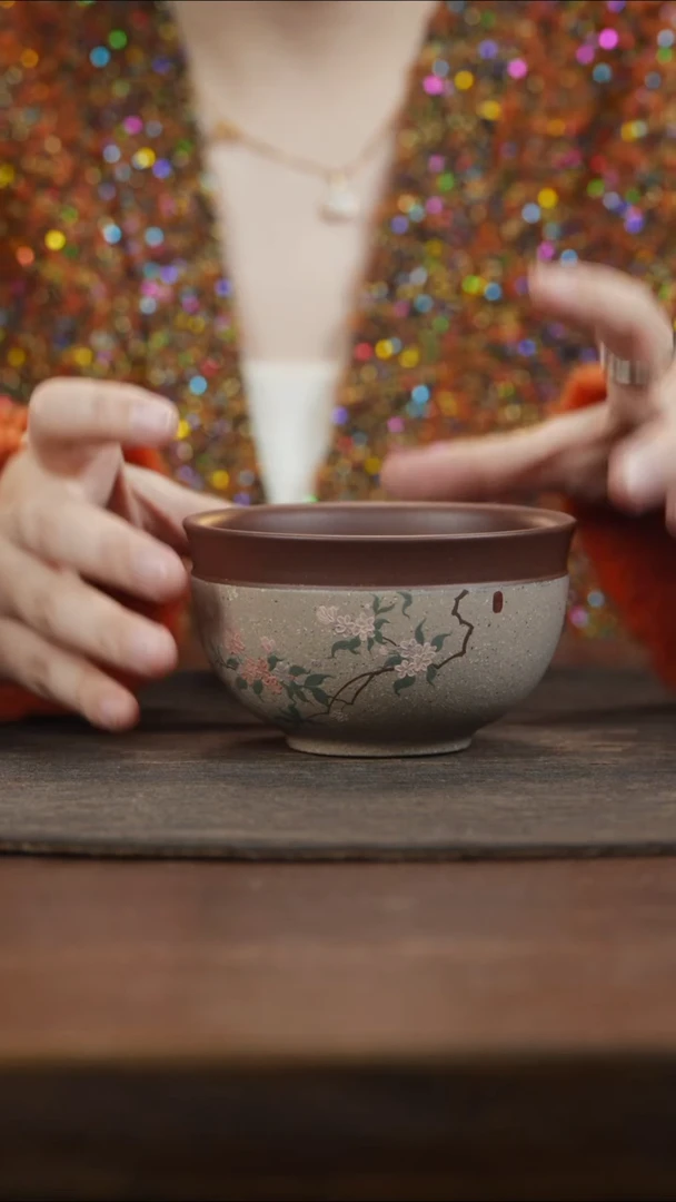 【闪购商品】紫砂茶叶罐定窑白泥绘海棠花大碗杯