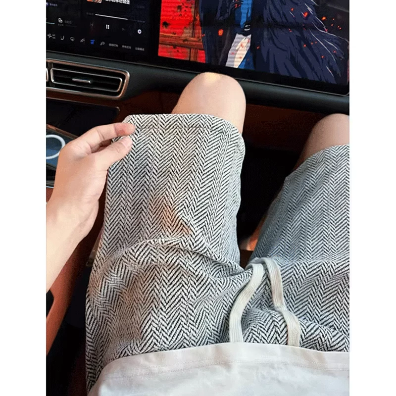 小香风斜纹针织短裤男款夏季美式复古提花运动裤子宽松休闲五分裤