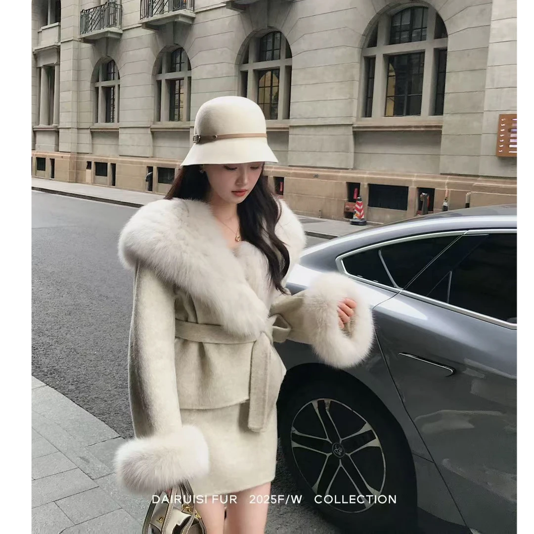 【两件套】2025冬新双面呢大衣女毛领海军领毛呢子套装S911234