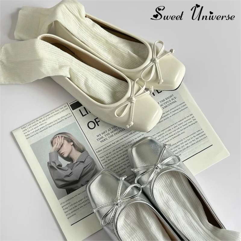 Sweet Universe蝴蝶结平底单鞋女法式银色款懒人浅口一脚蹬芭蕾鞋