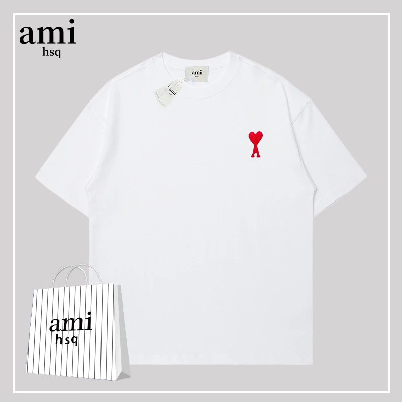 迟星 Ami hsq联名短袖T恤夏季新款纯棉休闲情侣轻奢宽松刺绣T恤女
