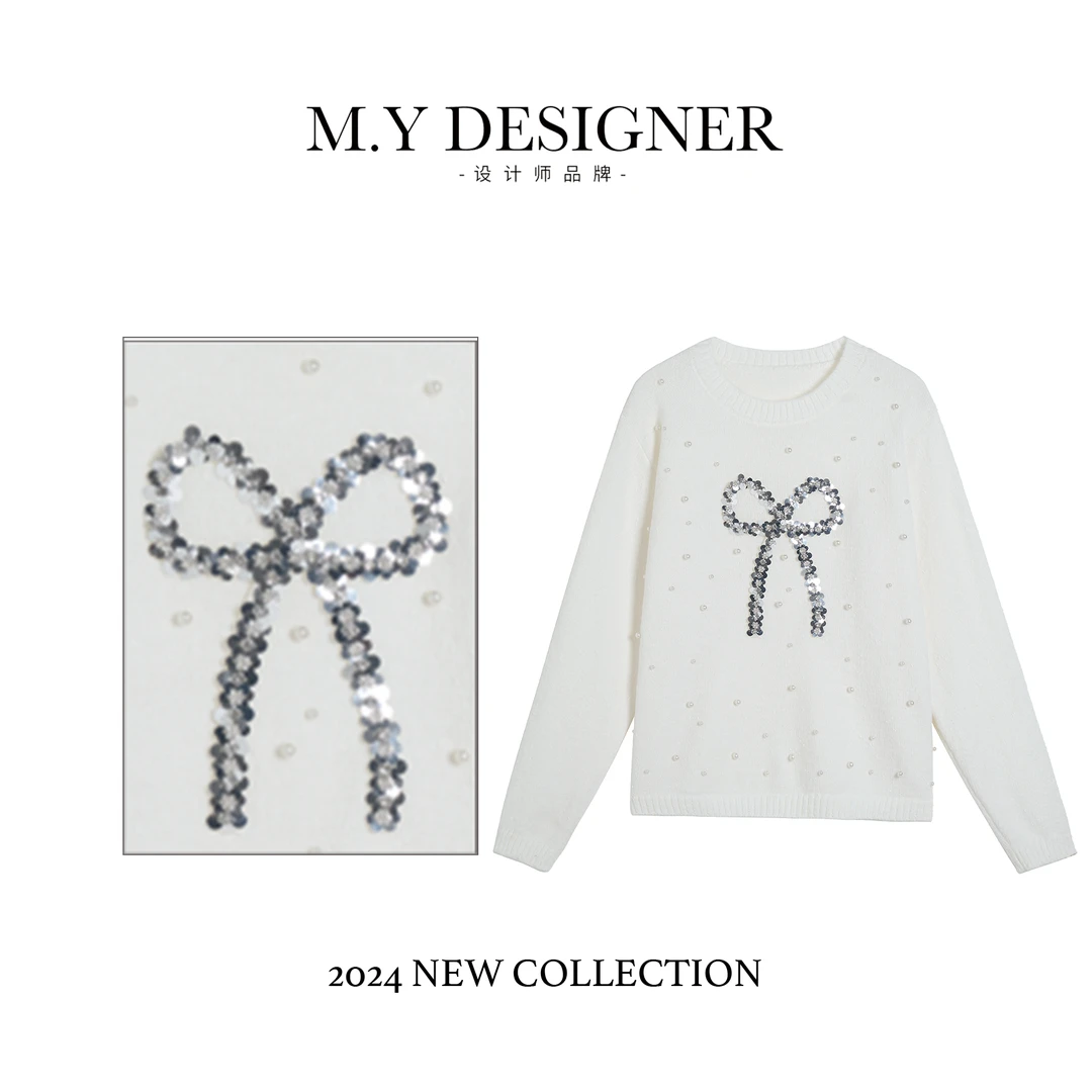 M.Y 媛总重工钉珠亮片蝴蝶结针织衫4477-012