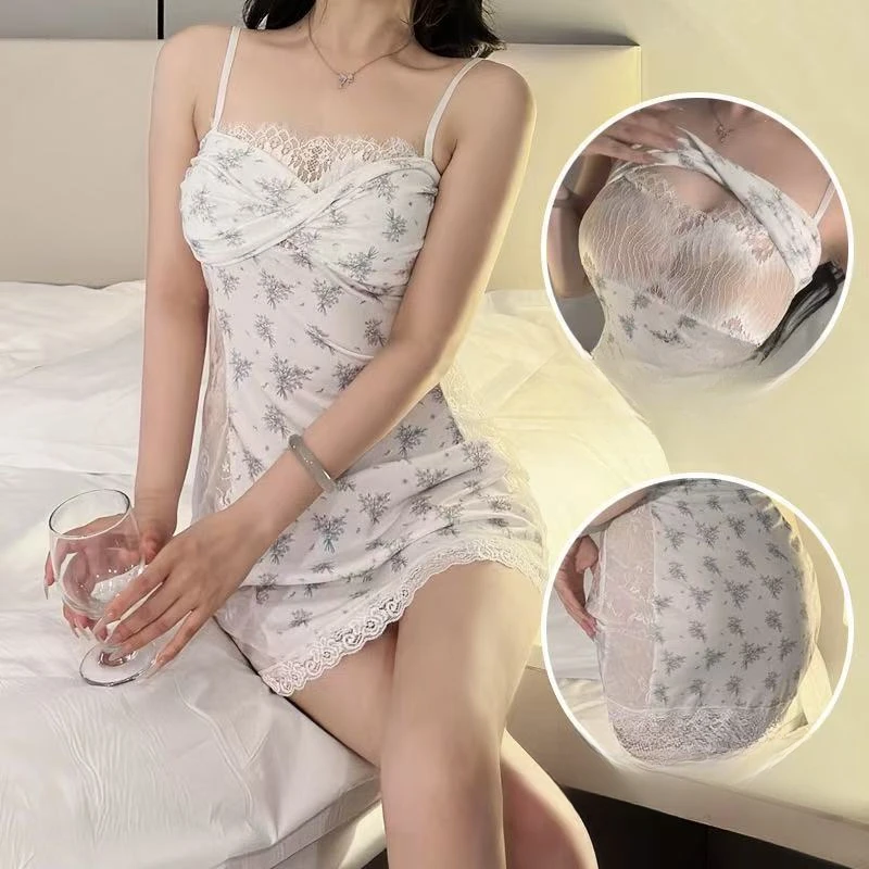 【80-130斤】女碎花网纱奶盖吊带短裙纯欲诱约会套装睡裙新蕾丝