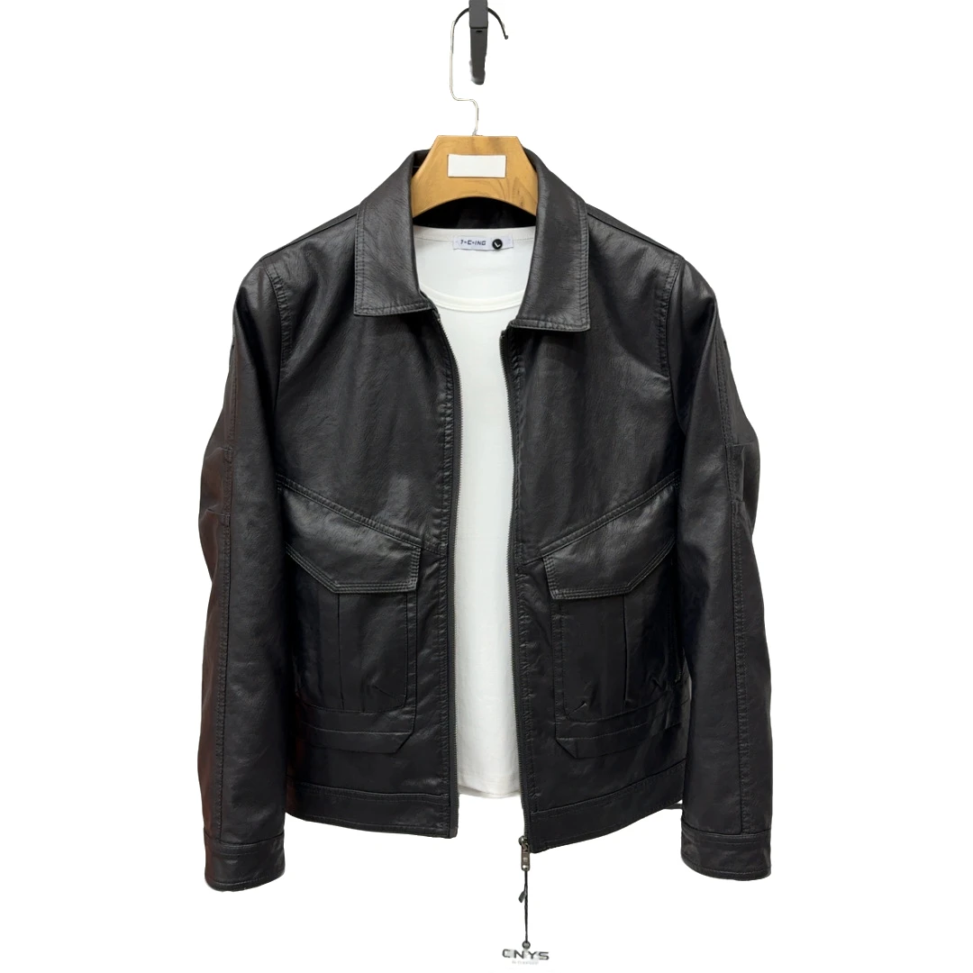 春季新款9881男士休闲时尚百搭轻奢拉链纯色皮衣夹克上衣外套