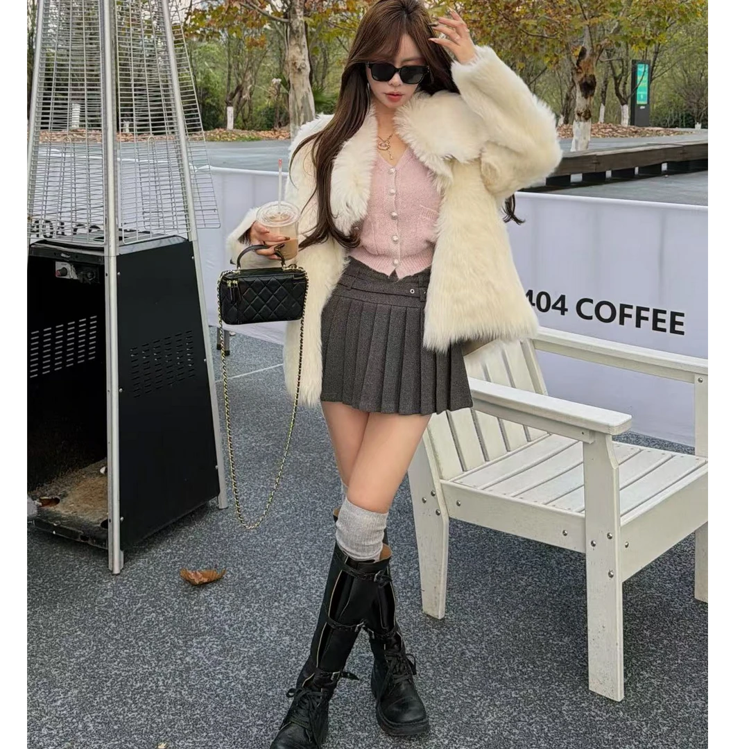 【YKL】甜妹心事 粉色V领针织开衫灰色双腰带毛呢百褶裙