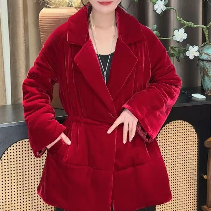 QNH-真丝丝绒西服大翻领收腰款面包服