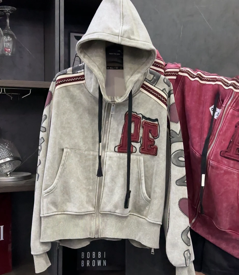 2024秋冬新款重工刺绣加厚加绒开衫连帽卫衣宽松设计感外套女