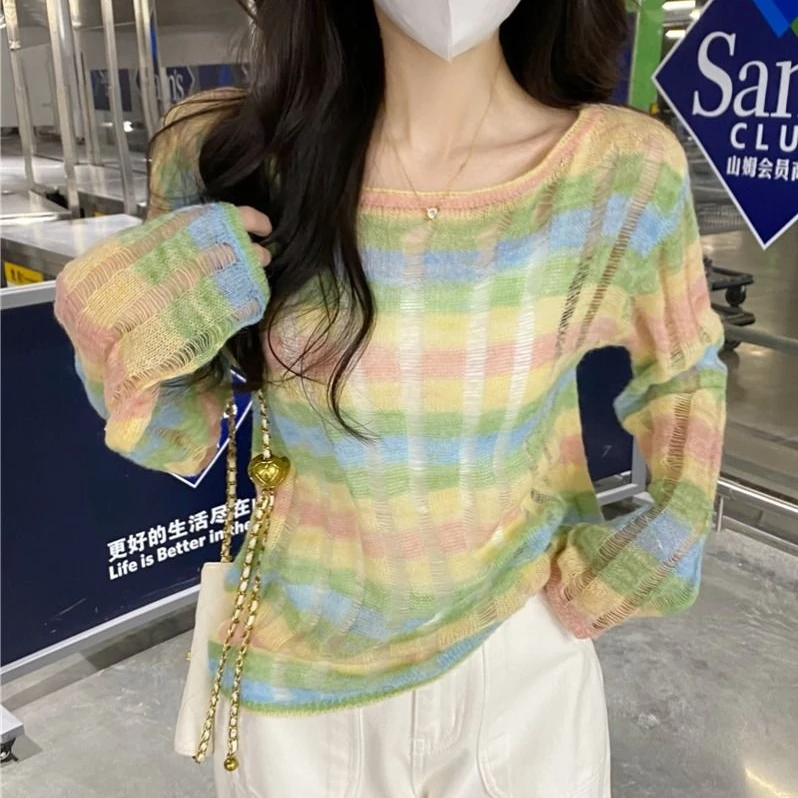 ZHI LING/芷翎薄款彩虹镂空防晒条纹女装圆领长袖时尚百搭针织衫
