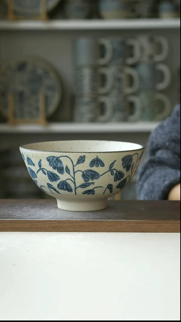 陶粗陶手绘铃兰花面碗16cm@7-7@