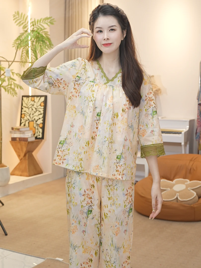 【纯棉时代】2025夏款女士款舒适纯棉睡衣长袖家居服薄款AYR