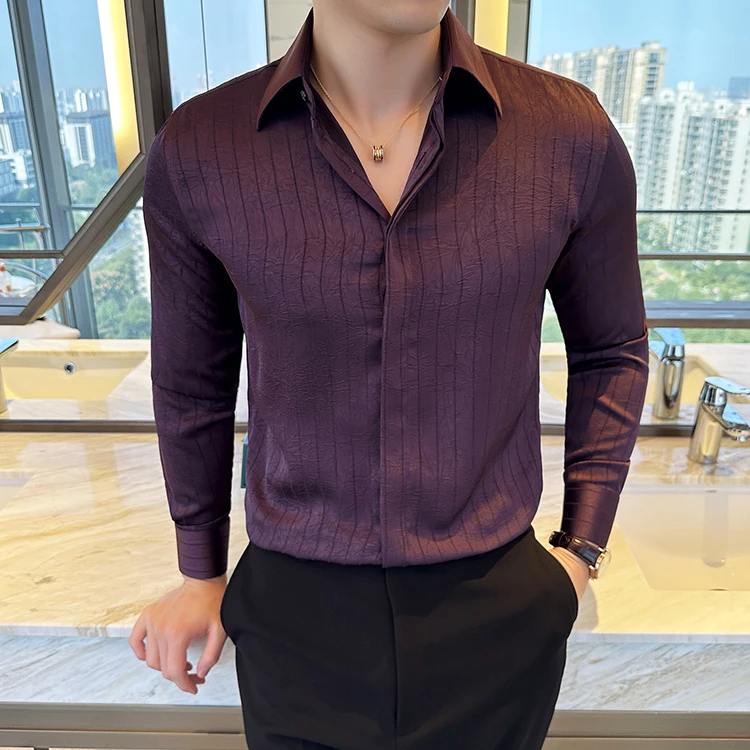褶皱暗条纹长袖免烫纯色衬衫男士高级感商务休闲职业正装修身衬衣