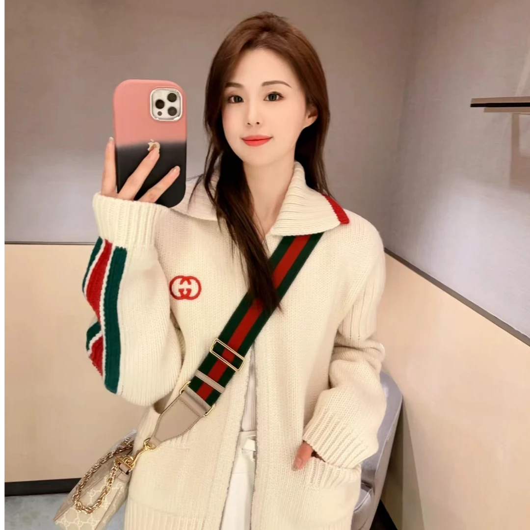 全新未使用 GUCCI/古驰 条纹拉链针织外套 米色/M