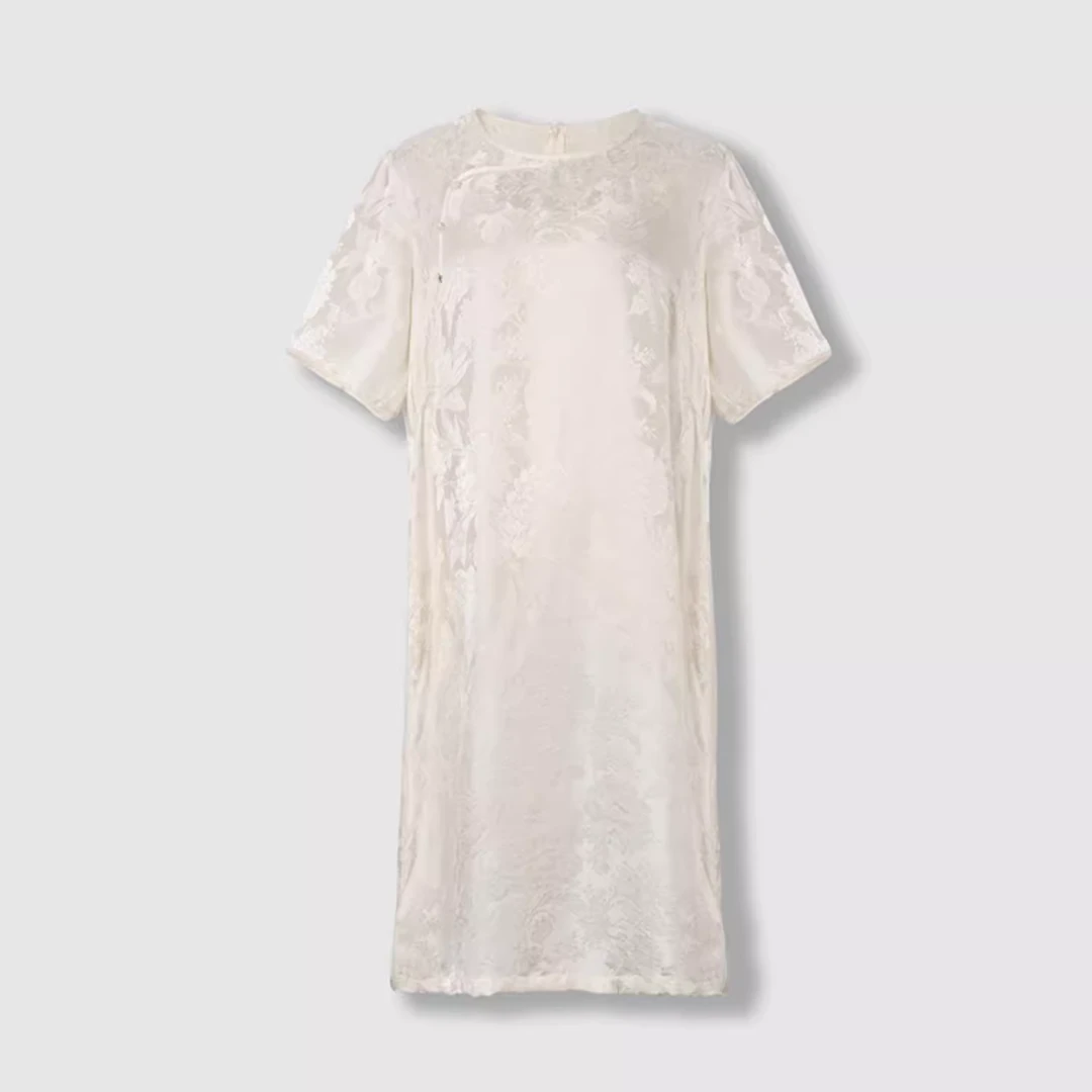 四月初九加大码女装胖MM2025夏高端宽松真S桑波缎提花气质连衣裙