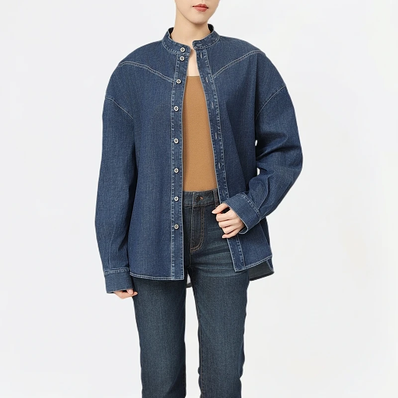 GIRDEAR/哥弟「港风复古」立领单排扣长袖牛仔纯色四季衬衫1300943