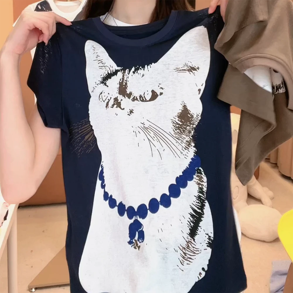 2025春夏新款百搭简约显瘦猫咪印花短袖T恤上衣女C5526