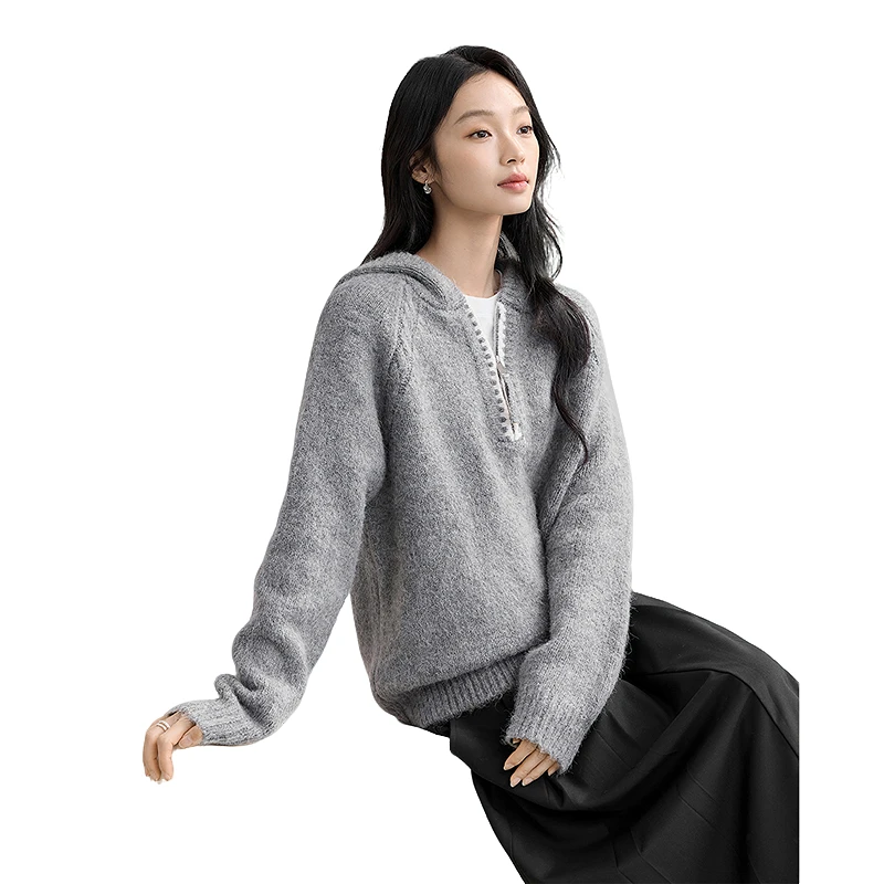 对白灰色半拉链连帽毛衣含绵羊毛简约通勤休闲针织衫DYZB-FDE148
