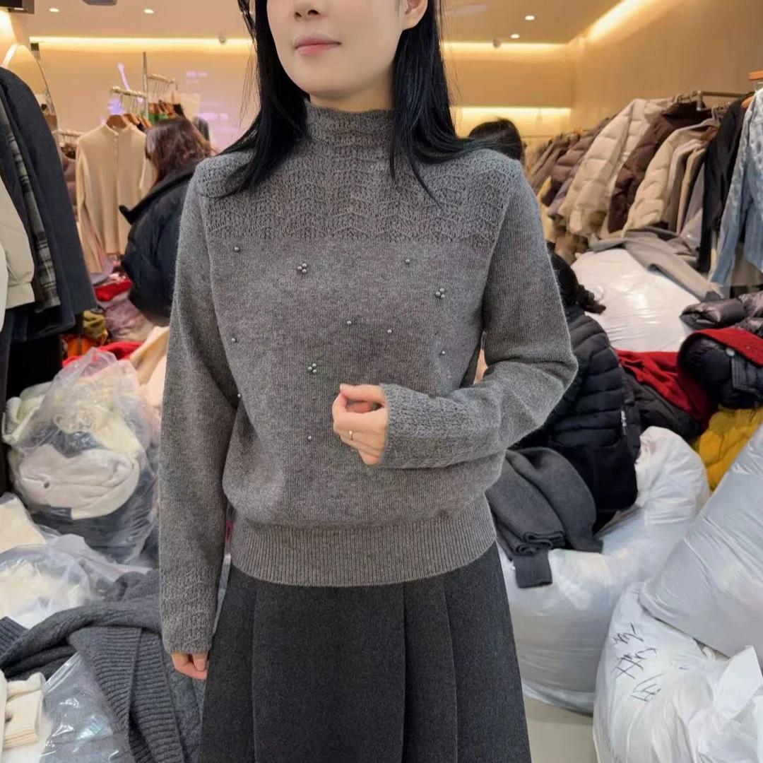 新款半高领珍珠波浪羊毛针织衫