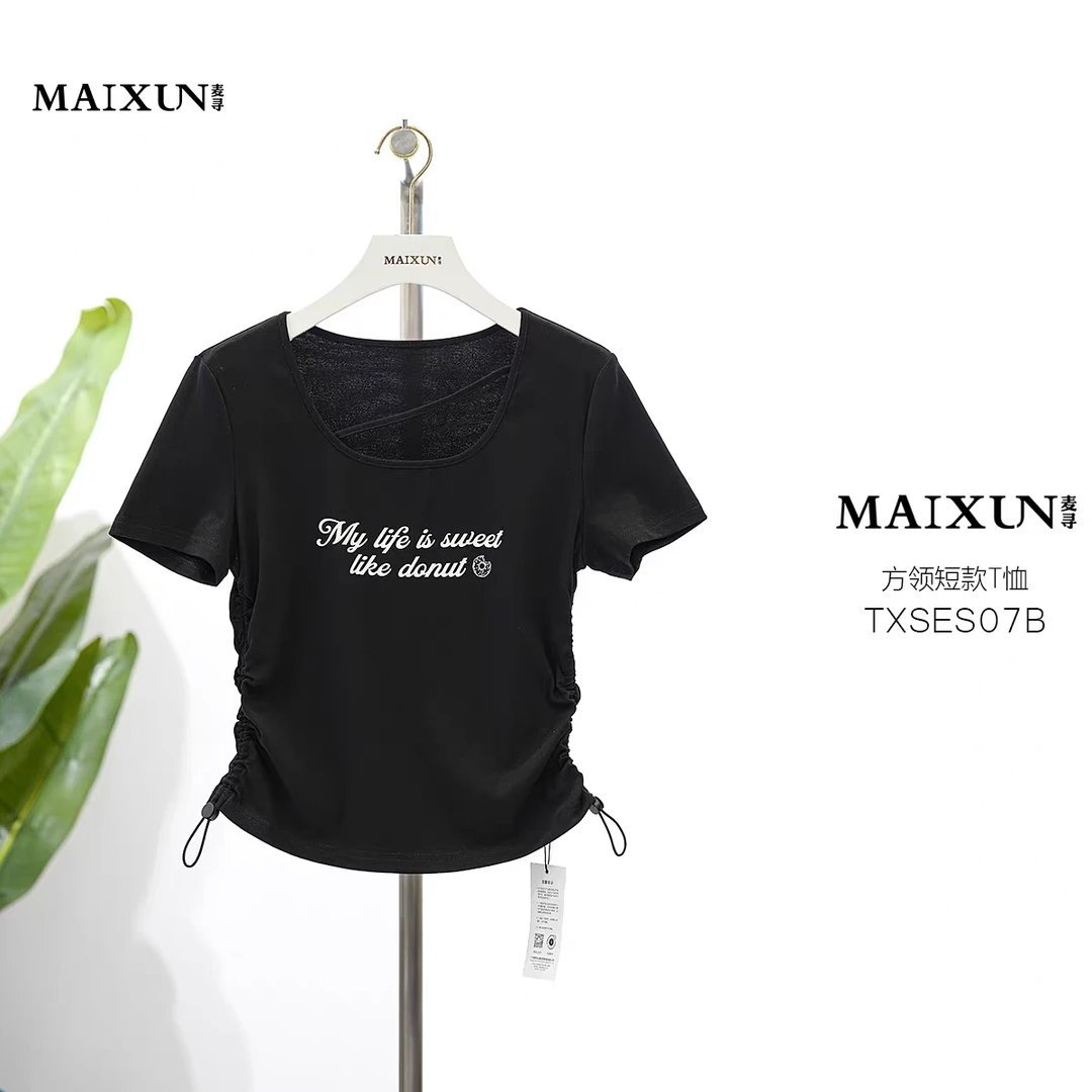 麦寻黑色收身短袖T恤TXSES07B时尚百搭短款