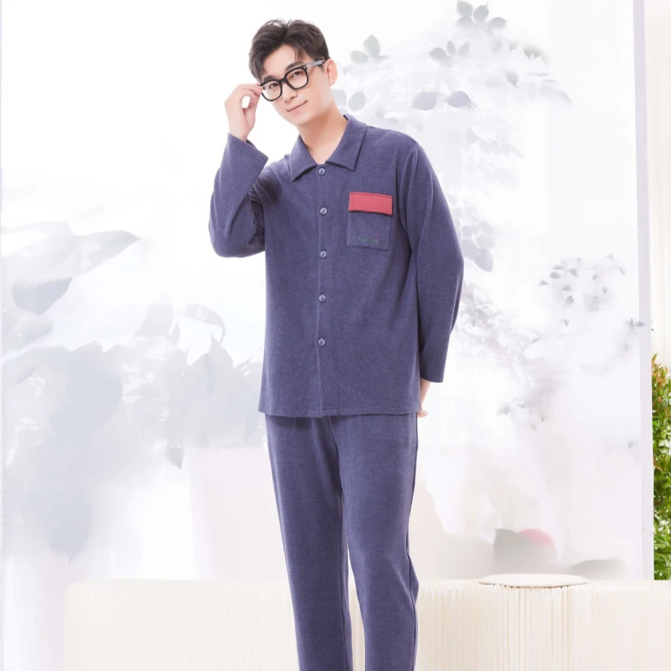 韩蜜蜜男款家居服新款两件套睡衣时尚翻领休闲百搭长袖居家服套装