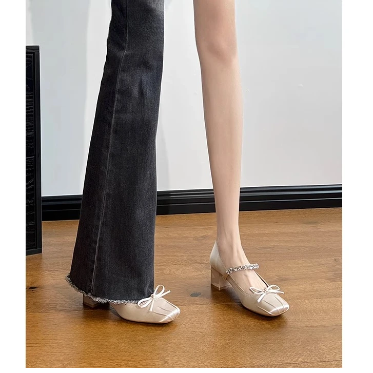 玛丽珍女鞋2025新款仙女风法式方头粗跟高跟鞋气质一字带水钻单鞋