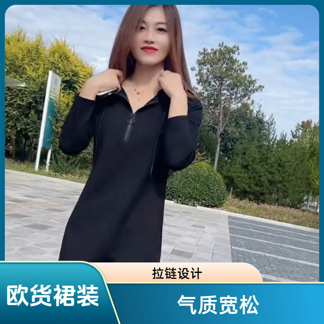 25秋冬新款气质爆单半拉链连帽连衣裙时尚百搭休闲遮肉显瘦罗马裙