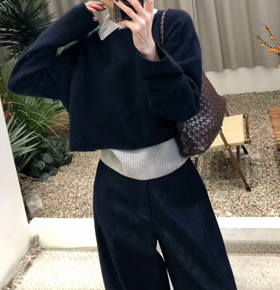 ins智系叠穿秋冬慵懒感撞色减龄POLO领短款长袖背心两件套毛衣