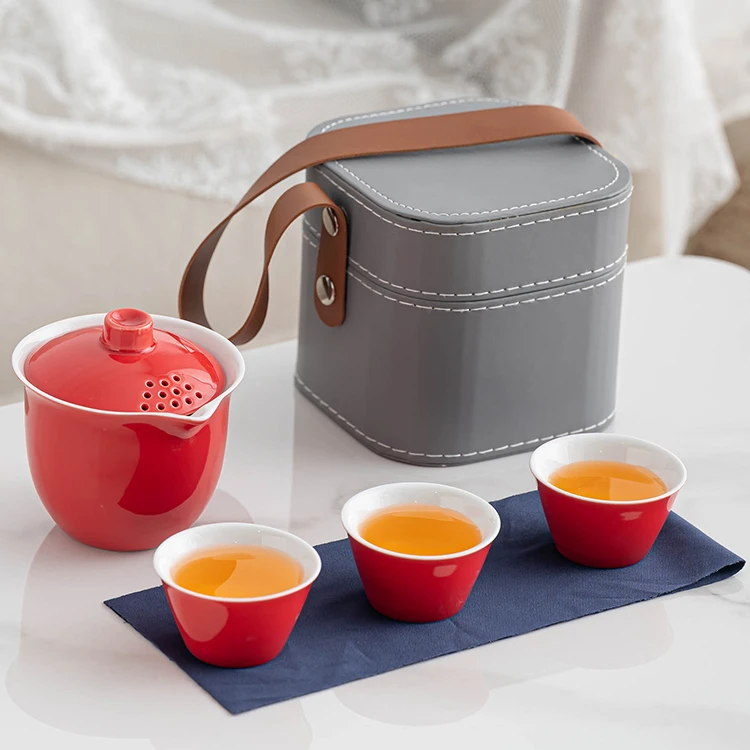 a0362红色素雅壶+三杯+蓝茶巾/灰色小方包