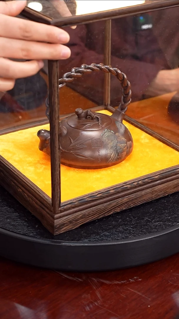 茶壶紫砂朱持平  半月竹编提梁65 紫泥 320毫升