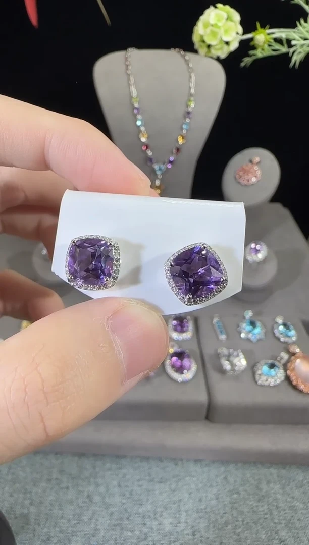 紫晶耳饰银S925镶嵌11mm耳钉