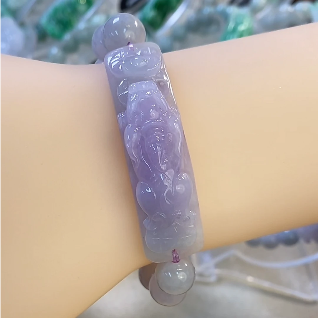 翡翠A货满色紫罗兰高冰手串手牌貔貅元宝紫色冰胶刻精雕女款冰透