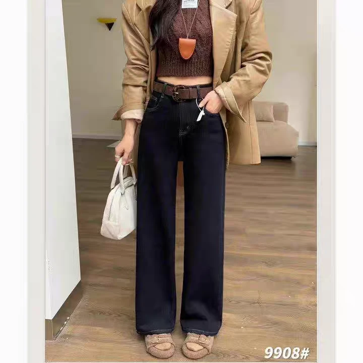 9908 红果儿2024冬款时尚休闲百搭显瘦女加绒牛仔阔腿裤