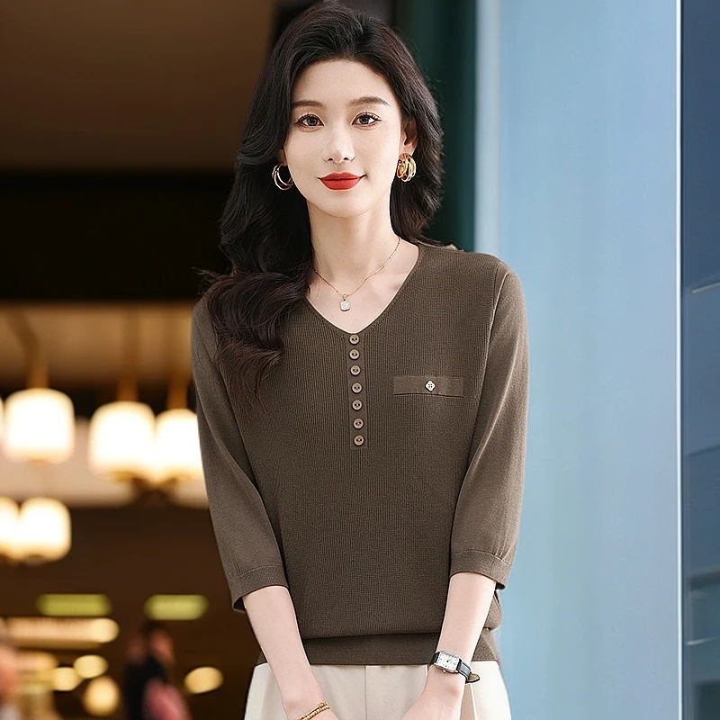 上海品牌桑蚕丝七分袖t恤女洋气妈妈遮肚上衣v领春秋针织打底小衫