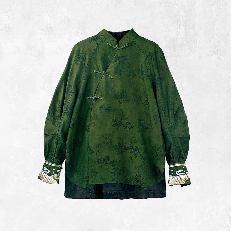 【绿逸】桑蚕丝香云纱新中式盘扣上衣复古国风提花老料长袖立领绿色