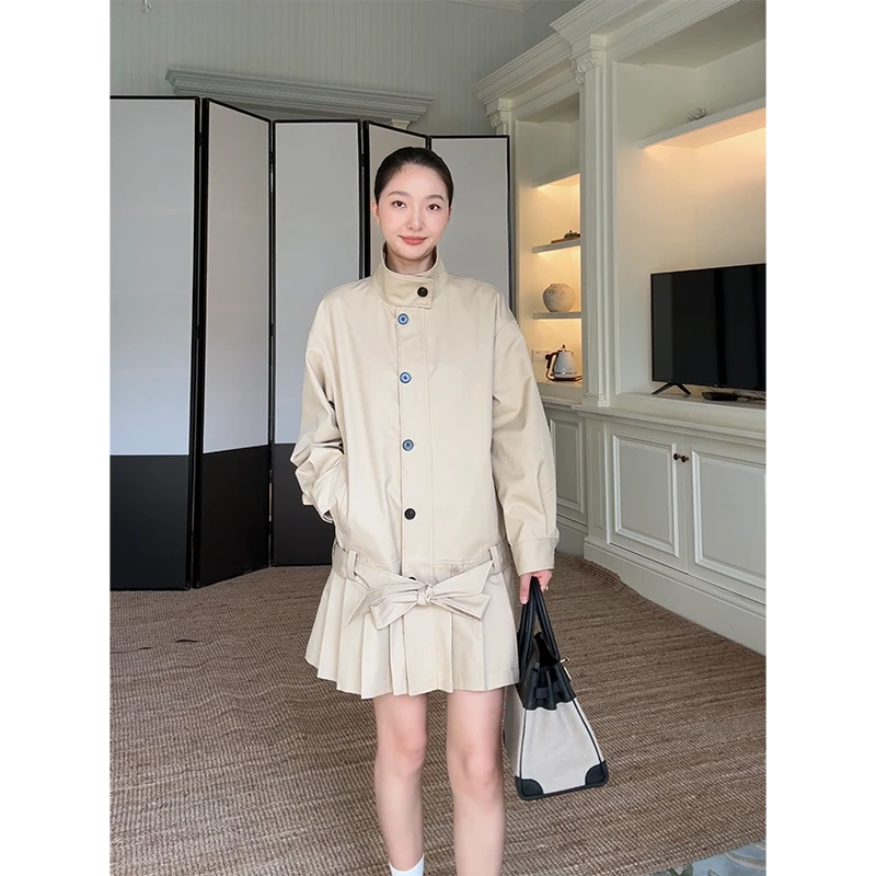 郭九九呢 棉质韩系立领落肩宽松风衣式连衣裙(含腰带）G925T12726